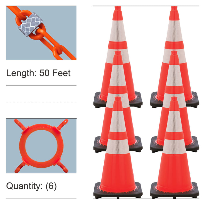 Traffic Orange, 28 Inches, Reflective Plastic Chain + Reflective Traffic Cones