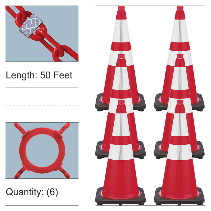 Red, 28 Inches, Reflective Plastic Chain + Reflective Traffic Cones