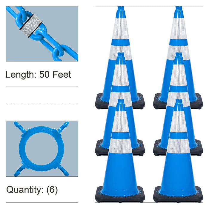 Sky Blue, 28 Inches, Reflective Plastic Chain + Reflective Traffic Cones