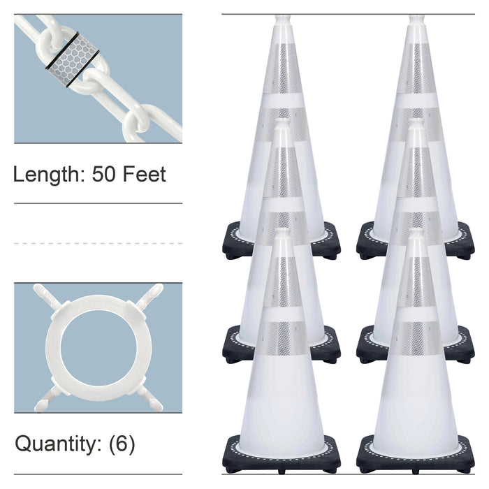 White, 28 Inches, Reflective Plastic Chain + Reflective Traffic Cones