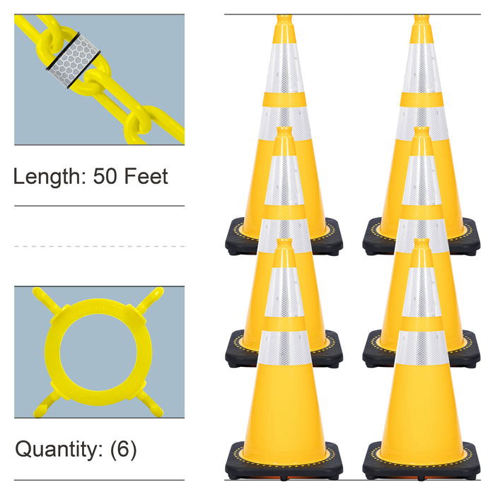 Yellow, 28 Inches, Reflective Plastic Chain + Reflective Traffic Cones