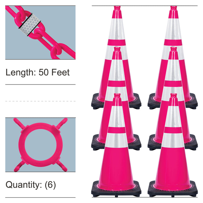 Safety Pink, 28 Inches, Reflective Plastic Chain + Reflective Traffic Cones