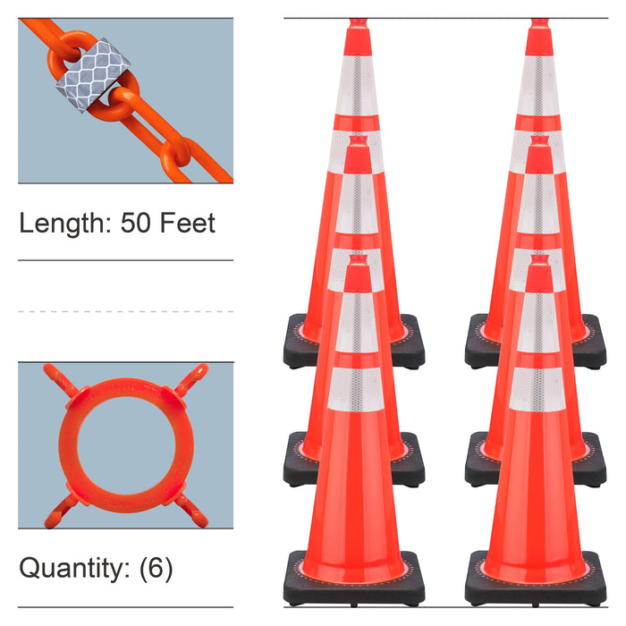 Traffic Orange, 36 Inches, Reflective Plastic Chain + Reflective Traffic Cones