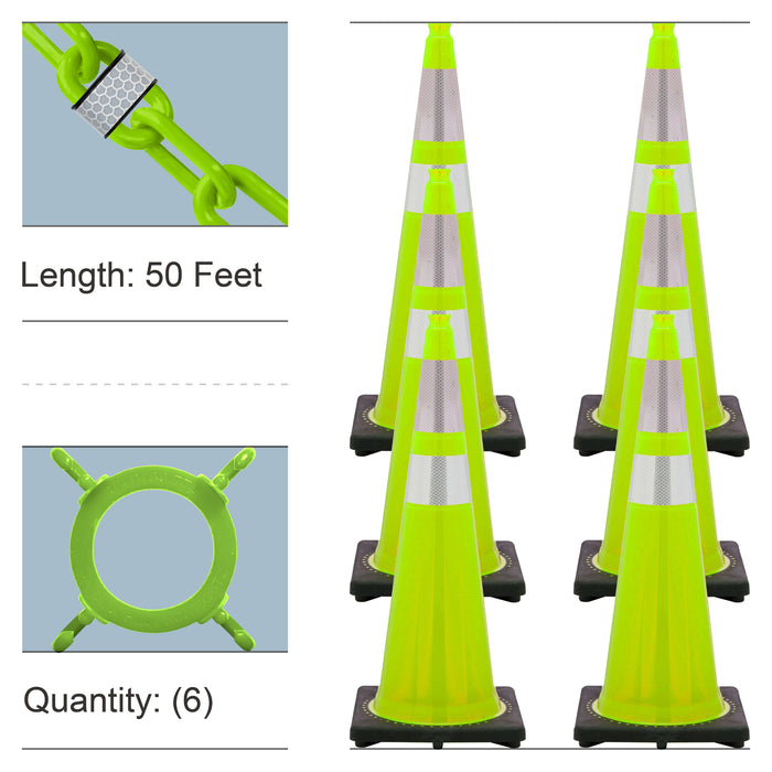 Safety Green, 36 Inches, Reflective Plastic Chain + Reflective Traffic Cones