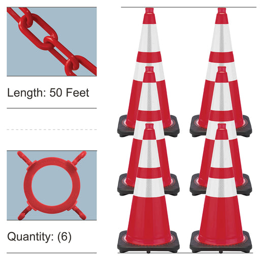 Red, 28 Inches, Standard Plastic Chain + Reflective Traffic Cones