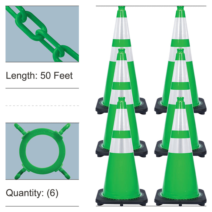 Green, 28 Inches, Standard Plastic Chain + Reflective Traffic Cones