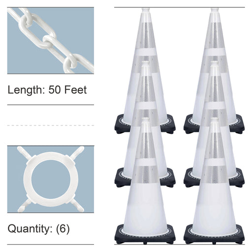 White, 28 Inches, Standard Plastic Chain + Reflective Traffic Cones