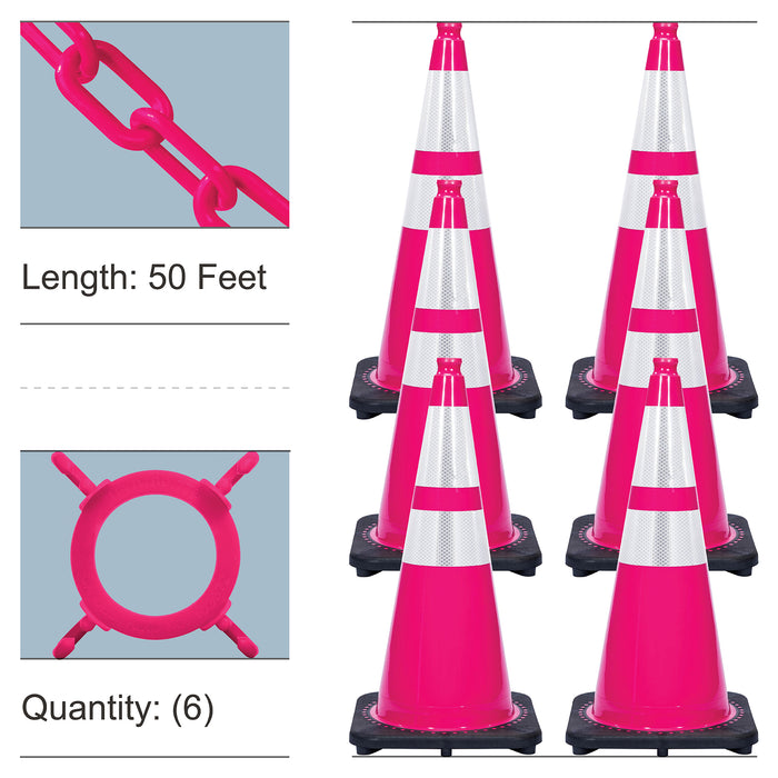 Safety Pink, 28 Inches, Standard Plastic Chain + Reflective Traffic Cones