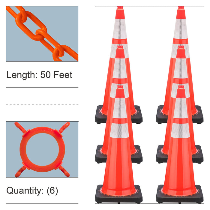 Traffic Orange, 36 Inches, Standard Plastic Chain + Reflective Traffic Cones