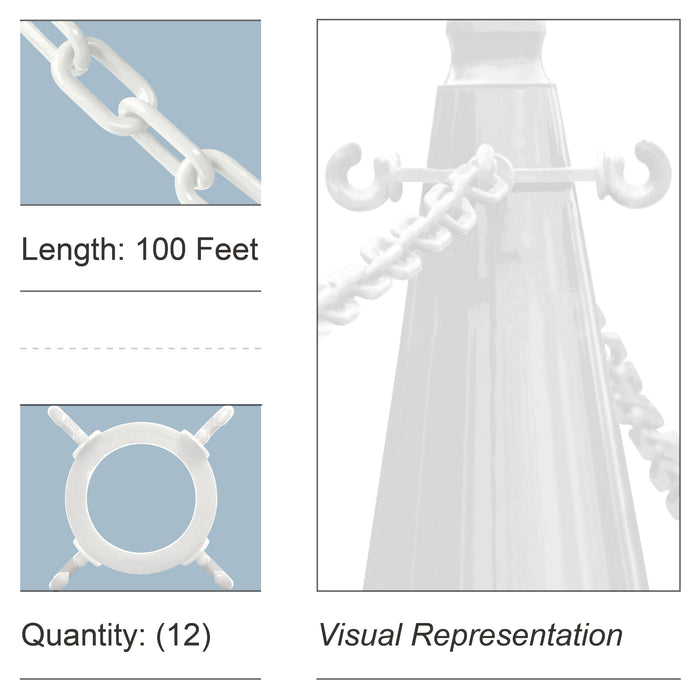 12 Cone Chain Connectors + 100 Feet of Plastic Chain, White