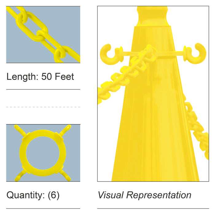 6 Cone Chain Connectors + 50 Feet of Plastic Chain, Yellow