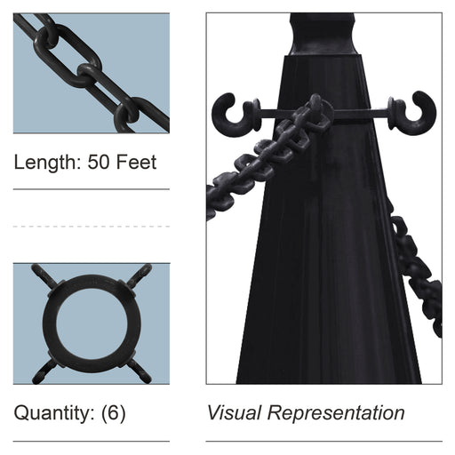 6 Cone Chain Connectors + 50 Feet of Plastic Chain, Black
