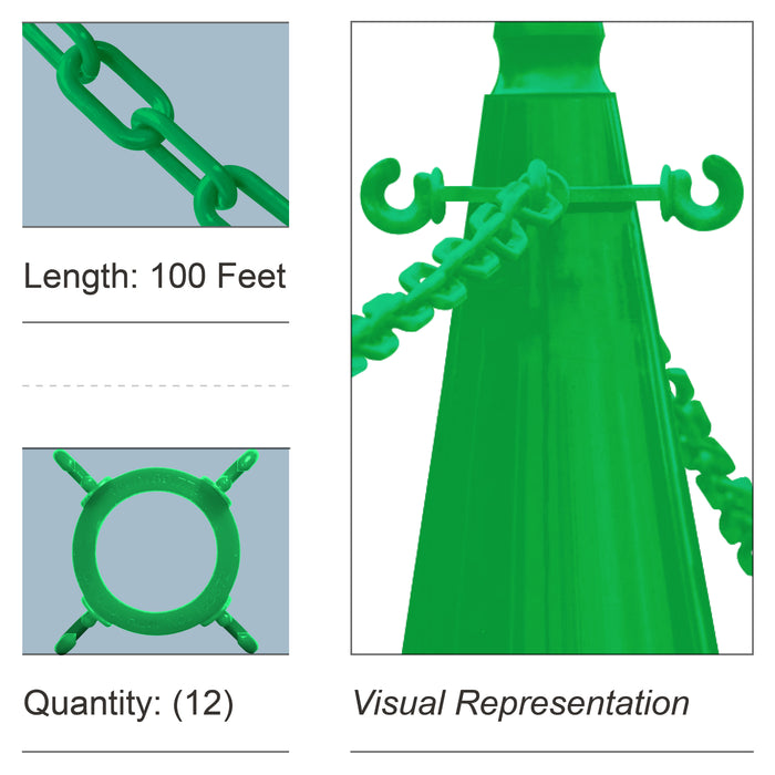 12 Cone Chain Connectors + 100 Feet of Plastic Chain, Green