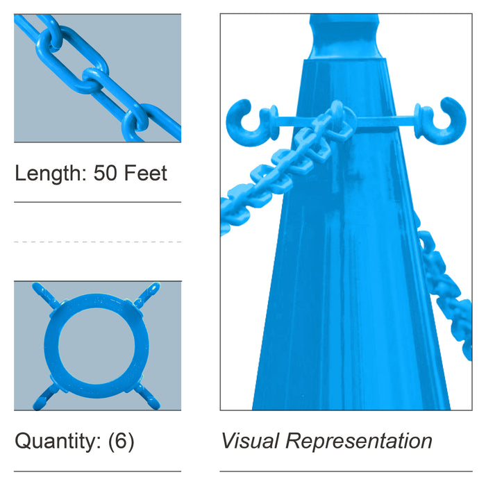 6 Cone Chain Connectors + 50 Feet of Plastic Chain, Sky Blue