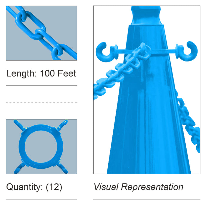 12 Cone Chain Connectors + 100 Feet of Plastic Chain, Sky Blue