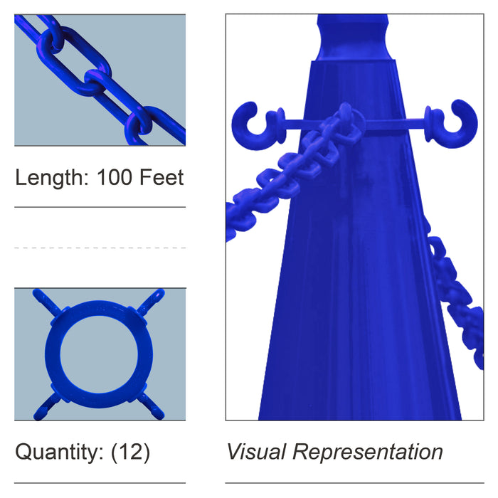 12 Cone Chain Connectors + 100 Feet of Plastic Chain, Traffic Blue