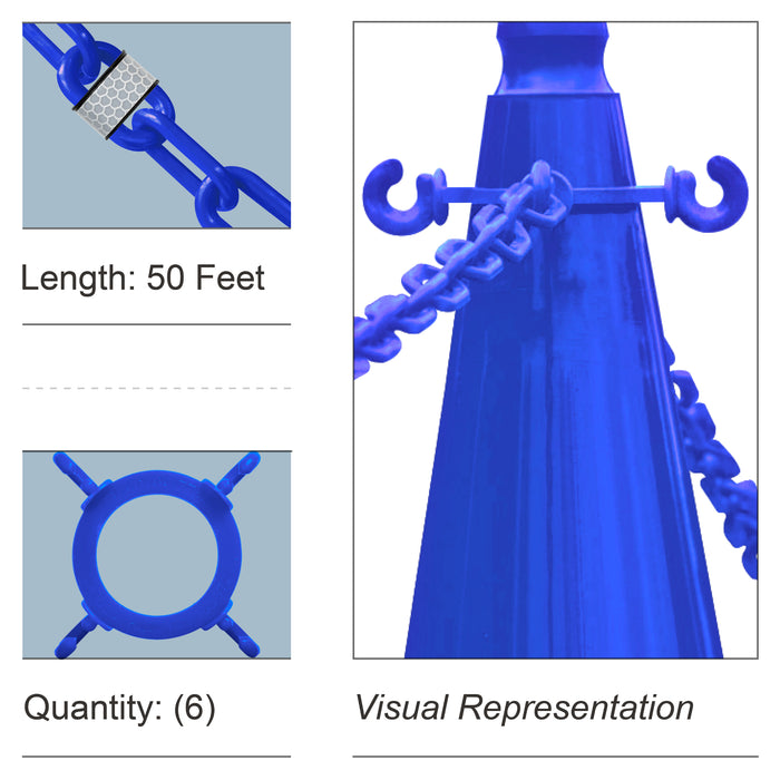 6 Cone Chain Connectors + 50 Feet of Reflective Plastic Chain, Blue