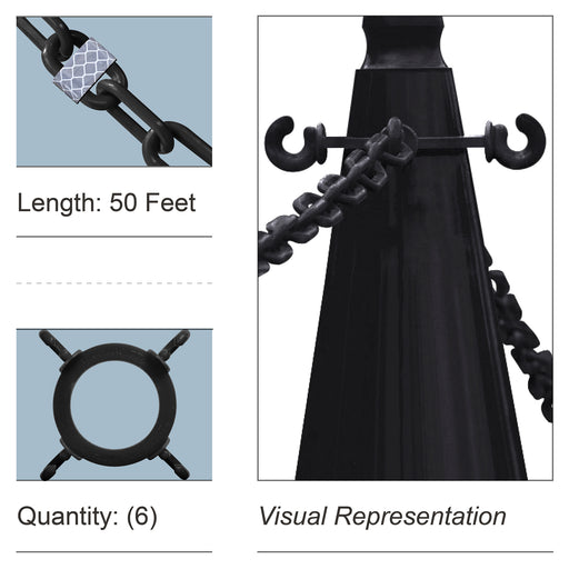 6 Cone Chain Connectors + 50 Feet of Reflective Plastic Chain, Black