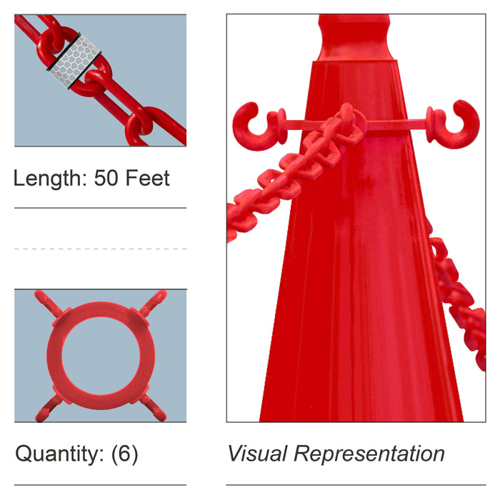 6 Cone Chain Connectors + 50 Feet of Reflective Plastic Chain, Red