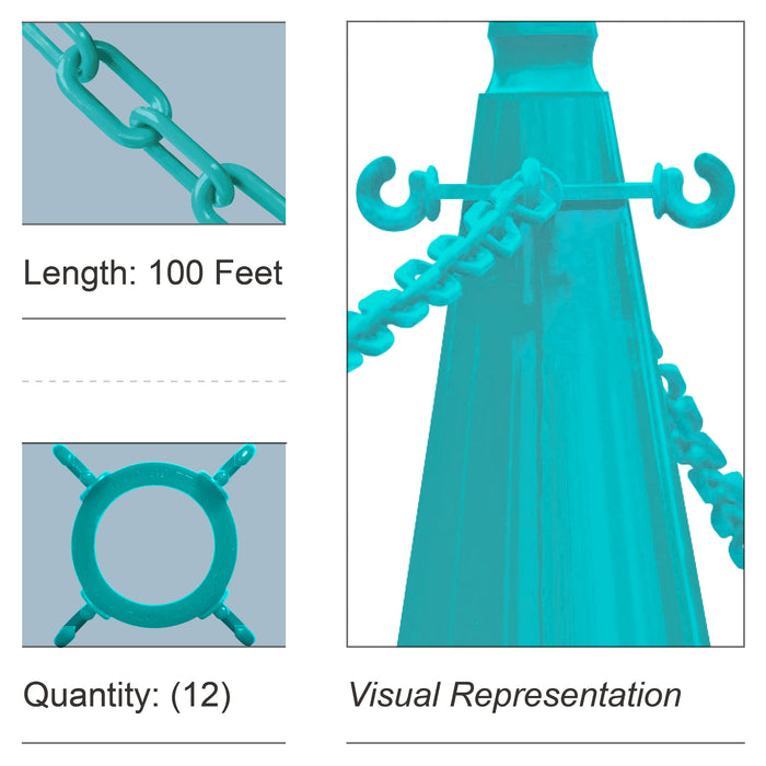 12 Cone Chain Connectors + 100 Feet of Plastic Chain, Teal