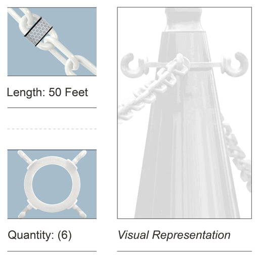 6 Cone Chain Connectors + 50 Feet of Reflective Plastic Chain, White