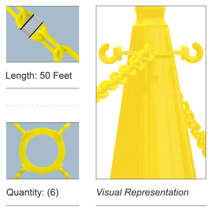 6 Cone Chain Connectors + 50 Feet of Reflective Plastic Chain, Yellow