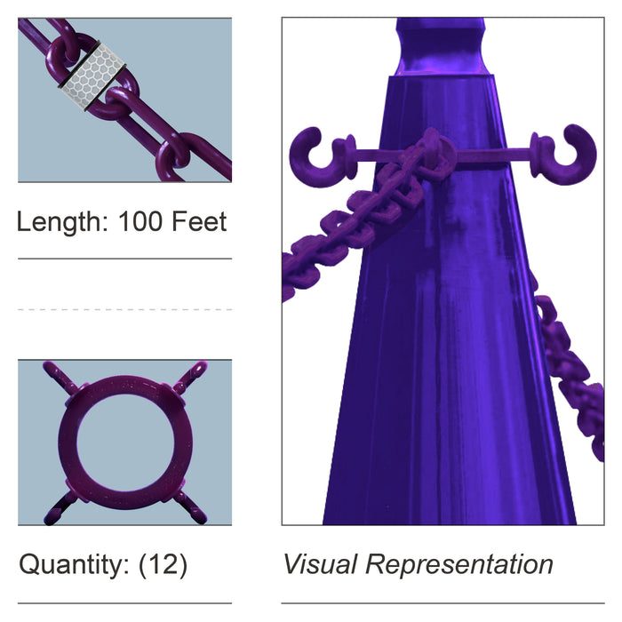 12 Cone Chain Connectors + 100 Feet of Reflective Plastic Chain, Purple