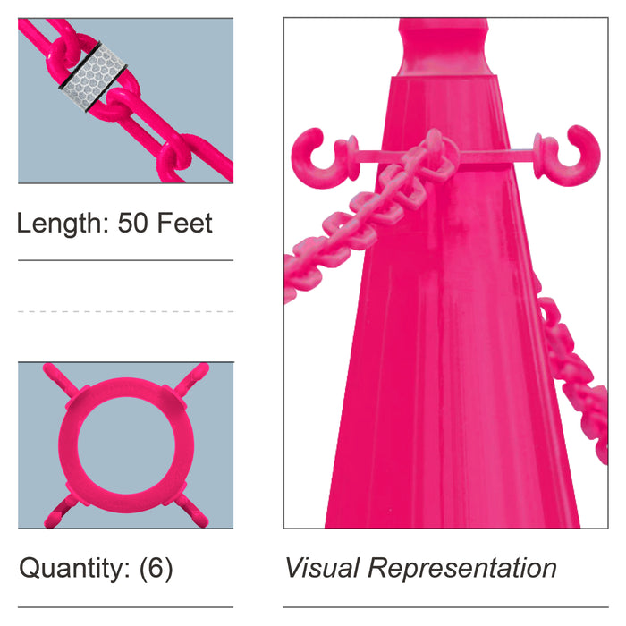 6 Cone Chain Connectors + 50 Feet of Reflective Plastic Chain, Safety Pink