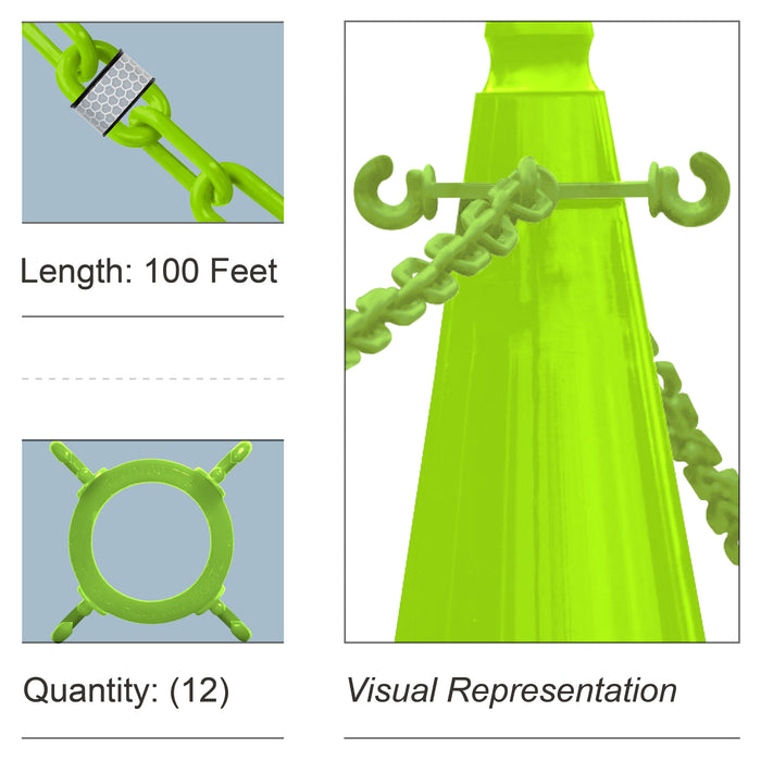 12 Cone Chain Connectors + 100 Feet of Reflective Plastic Chain, Safety Green
