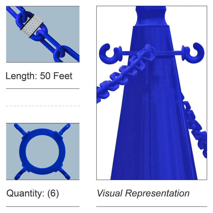 6 Cone Chain Connectors + 50 Feet of Reflective Plastic Chain, Traffic Blue