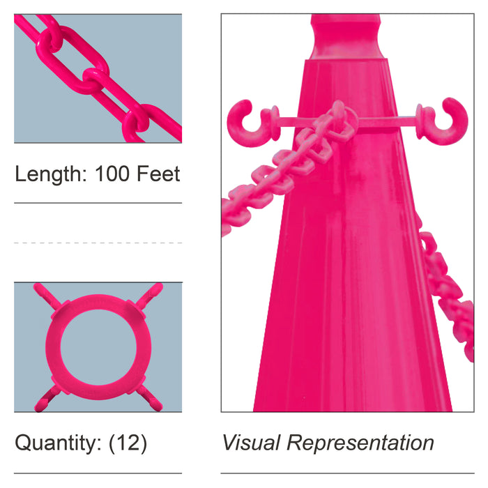 12 Cone Chain Connectors + 100 Feet of Plastic Chain, Safety Pink
