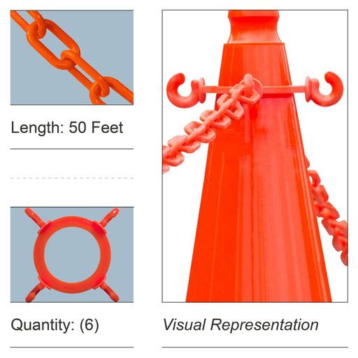 6 Cone Chain Connectors + 50 Feet of Plastic Chain, Traffic Orange
